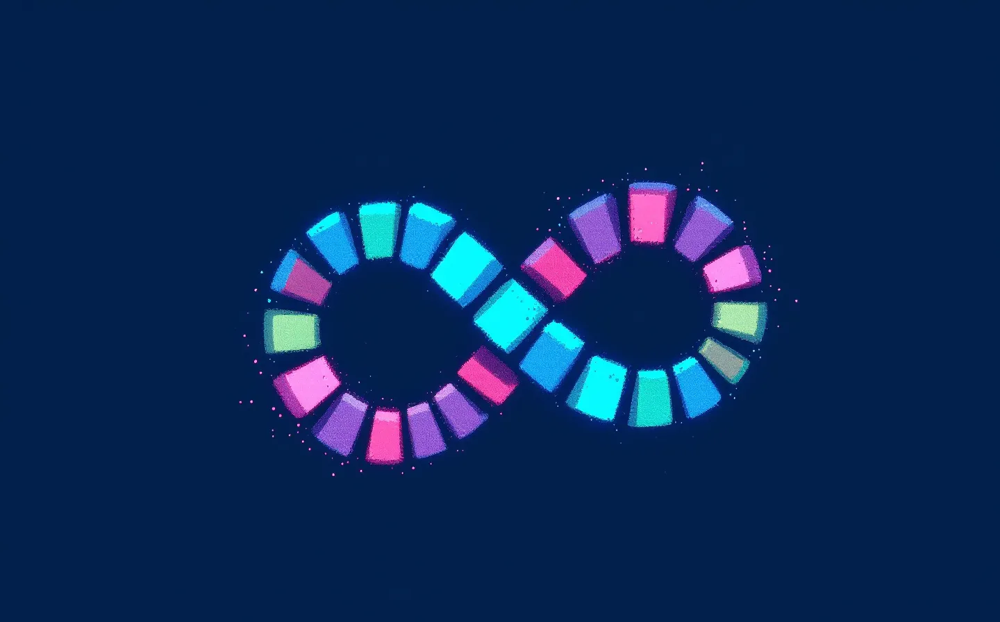 An 8-bit pixel-art sprite of an abstract sixteen-bead peptide chain in cyan, blue and green pixels with one magenta accent, on a deep indigo CRT ground